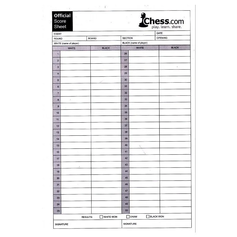 Chess.com Self-Duplicating Score Sheets - PACK OF 100 SHEETS