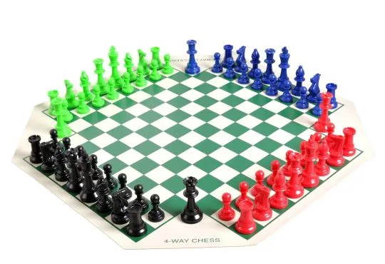 4 Player Chess Set Combination - Triple Weighted Regulation Colored Chess Pieces & 4 Player Vinyl Chess Board 