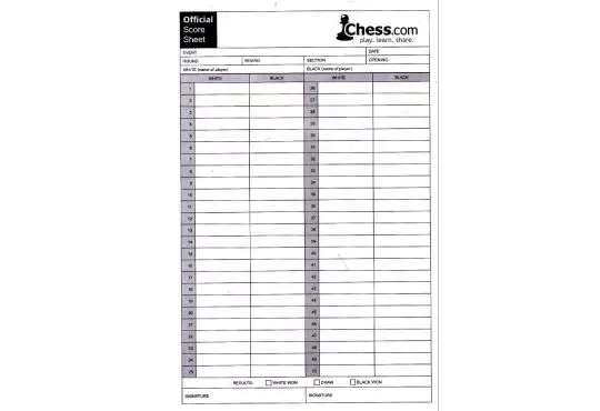 Chess.com Self-Duplicating Score Sheets - PACK OF 100 SHEETS