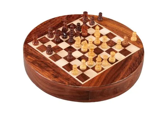 MAGNETIC WOODEN Travel Chess Set - 9" Circle - Golden Rosewood and Maple